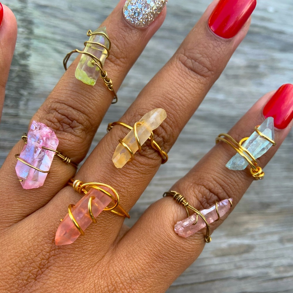Crystal quartz wire wrapped rings